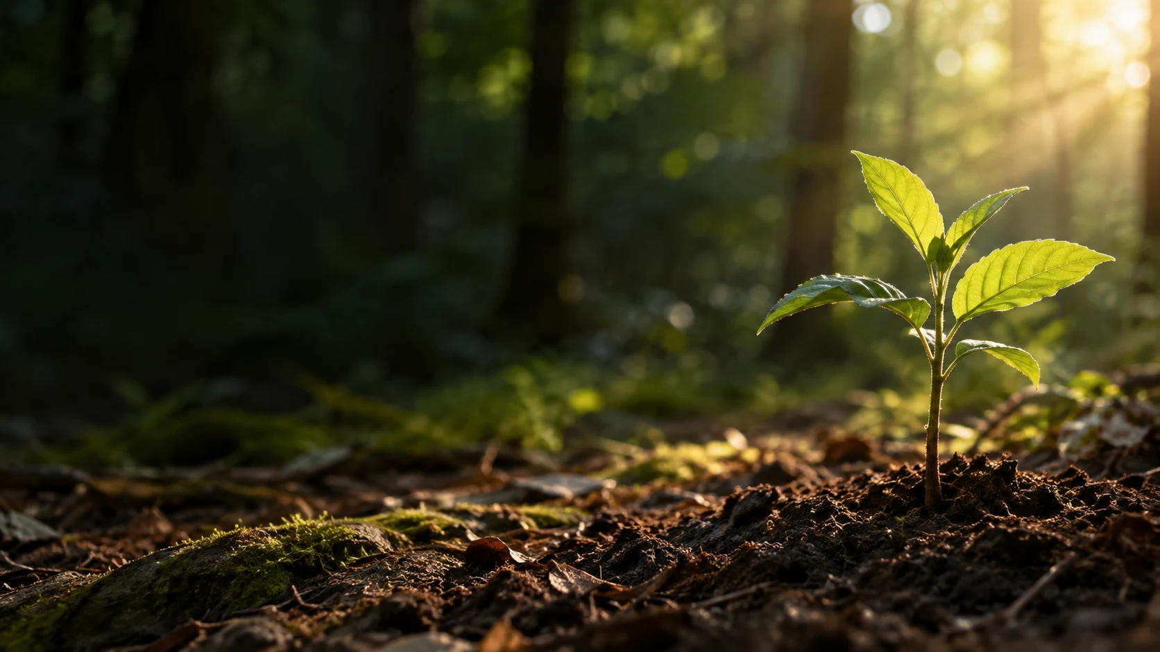 A young sapling growing in the morning light of a green woodland